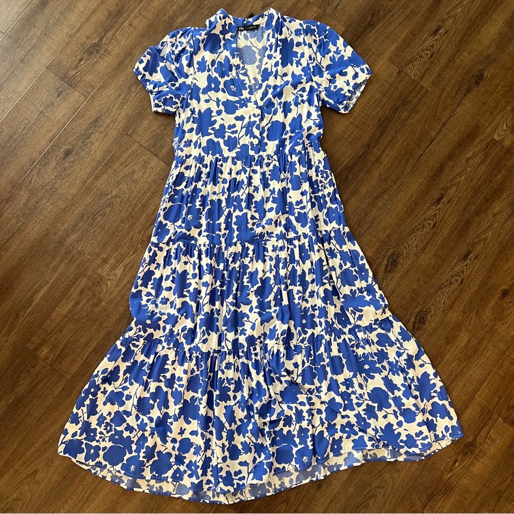 Zara Blue White Floral Tiered Midi Dress Boho Cottagecore Viscose XS